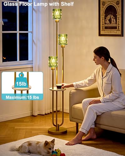 Image of Lightdot 3-Lights Glass Floor Lamp for Living Room Modern Gold Floor Lamp with Green Glass Shade for Wedding /Party Farmhouse Tall Standing Lamp with 5Lb Heavy Base for Bedroom /Sofa Beside /Corner Decor