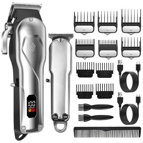 Professional Hair Clippers for Men, Cordless Hair Clipper and Trimmer Set for Hair Cutting, Beard Trimmer for Man with LED Display, Electric Barber Clippers Kit for Home Salon, Silver