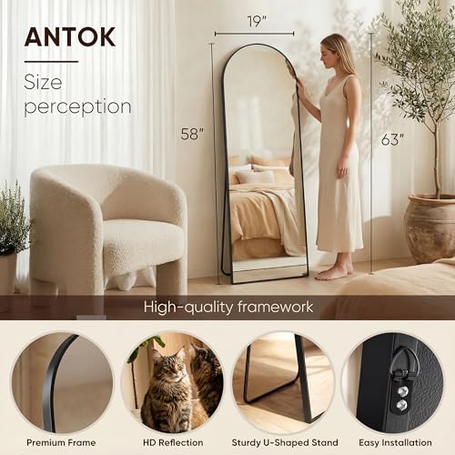 Image of Antok 58 inch x19 inch Arched Full Length Floor Mirror, Black Aluminum Frame, Free Standing /Wall Mount /Leaning for Bedroom, Living Room, Dressing Room
