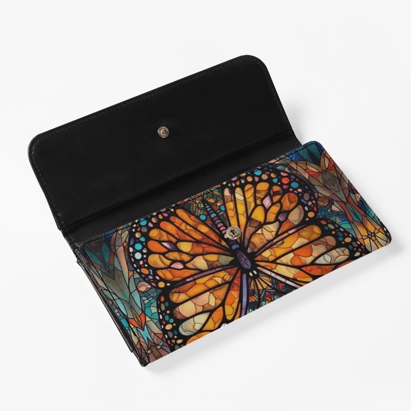 Monarch Butterfly PU Leather Trifold Wallet for Women, Stained Glass Butterfly Handcrafted Stitching Ladies Credit Card Holder Modern Art Zipper Pocket Long Wallet - Image 4