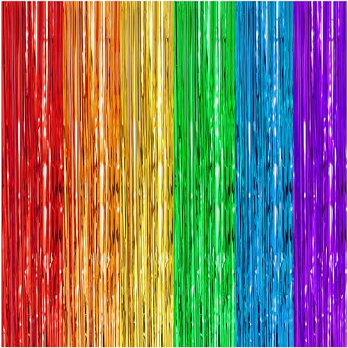 CANREVEL 2 Pack 3.3x8.2 Feet Rainbow Foil Fringe Backdrop Curtains, Tinsel Streamers Birthday Party Decorations, Photo Booth Props Backdrop for Wedding Engagement Bridal Shower Unicorn