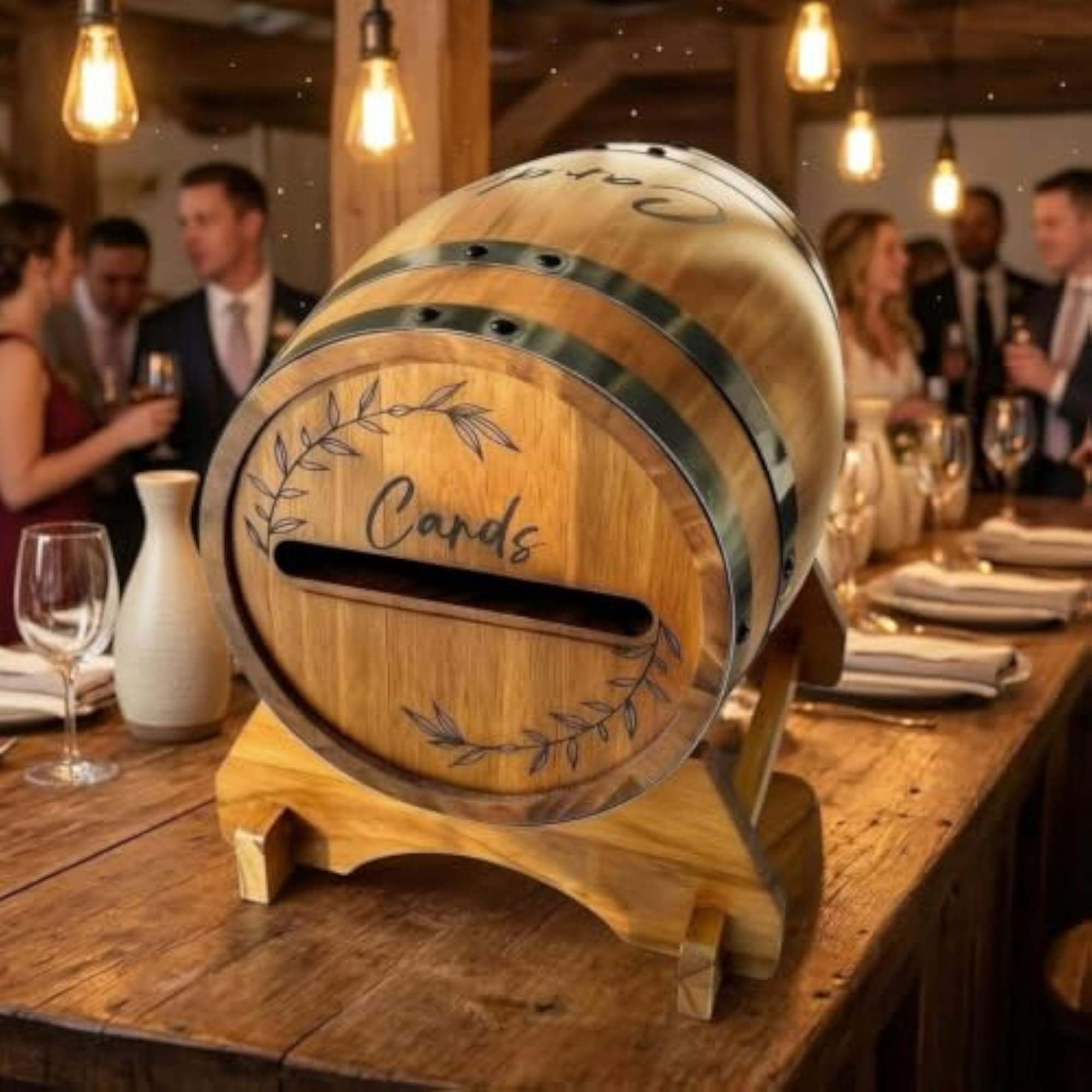 Rustic Whiskey Barrel Card Box with Stand, Wooden Decorative Storage