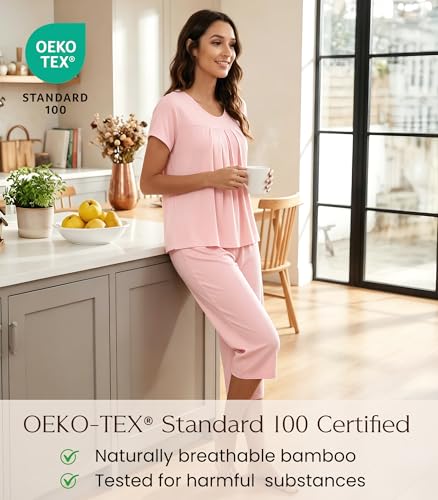 Image of NACHILA Pajamas for Women-Viscose Made from Bamboo,Short Sleeve Sleepwear Cooling Pjs Top Ladies Soft Capri Pants Pajama Sets