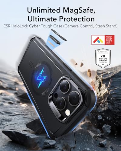 Image of ESR for iPhone 16 Pro Phone Case with Stand, 23ft Military-Grade Drop Protection with Camera Control, Shock-Absorbing Rugged Cover, Compatible with MagSafe Accessories, Cyber Series, Black