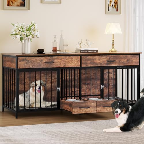 YITAHOME-Double-Dog-Crate-Furniture-with-Feeder-748-Indoor-Dog-Kennel-for-Large-Breed-with-Storage-Wooden-Dog-Crate-TV-Stand-Table-for-2-Small-Medium-Dogs-Rustic-Brown - Cucciolini Doodles YITAHOME-Double-Dog-Crate-Furniture-with-Feeder-748-Indoor-Dog-Kennel-for-Large-Breed-with-Storage-Wooden-Dog-Crate-TV-Stand-Table-for-2-Small-Medium-Dogs-Rustic-Brown