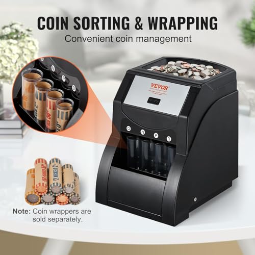 Image of VEVOR Coin Sorter, Coin Sorter and Wrapper Machine with 4 Larger Coin Tubes, Sorts USD Coin 1¢ 5¢ 10¢ 25, up to 230 Coins /min, Black