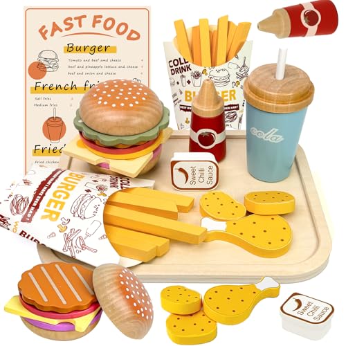 Masonbaby Ensemble de Nourriture en Bois pour Enfants, Jeu de Restauration Rapide, Jouet Hamburger en Bois, Accessoires de Cuisine pour Tout-Petits, Jouets...