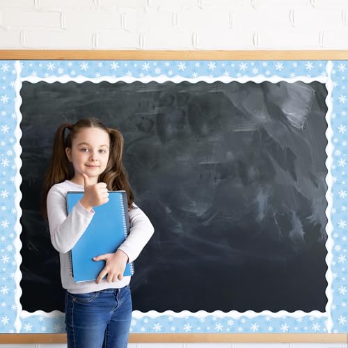 Image of BeYumi Winter Snowflake Border Trim - 65ft Winter Snowflake Scalloped Rolled Border Trim Light Blue Christmas Bulletin Board Borders School Classroom Office Chalkboard Decor Party Decoration