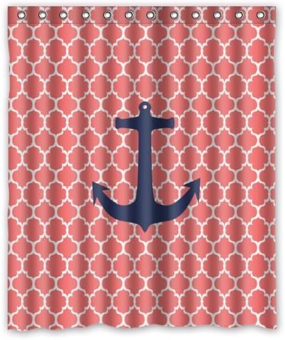 60"(w) x 72"(h) Hot Sale Coral Moroccan Tile Quatrefoil with Anchor Theme Picture 100% Polyester Bathroom Shower Curtain Shower Rings Included
