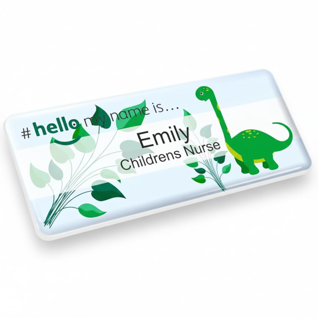 Badgemaster Hello My Name is Logo Dinosaur Badge Premium Domed White White 76 x 32mm Doctor Student Nurse Clinical Practitioner Healthcare Assistant Medical Staff GP