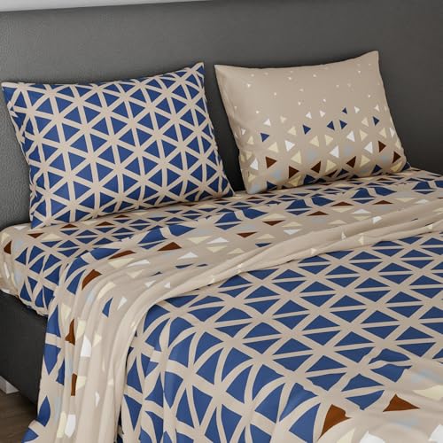 Image of BLISSHOME SoftTouch 150TC Cotton King Size Printed Bedsheet with 2 Pillow Covers for Double Bed, Silky Smooth Bedding Set, Breathable, Easy Maintain, Geometric Pattern - Sandy Beige (228cm X 274cm)