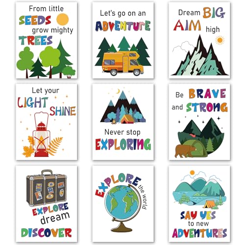Image of Nezyo 9 Pcs Colorful Camping Art Print 8 x 10 Inch Adventure Motivational Posters for Camper Travel Themed Canvas Posters Outdoor Adventure Inspirational Wall Art for Bedroom and Office Nursery