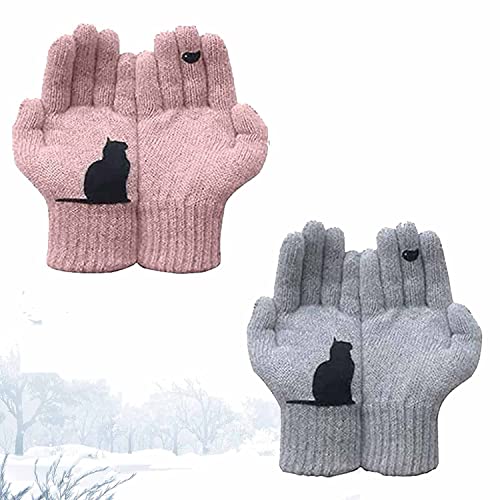HPKJGKO Baumwollhandschuhe mit Katzenfächern, verdickte Handschuhe mit Katzen- und Vogeldruck, Winter-Katzengrafik, Warm- und Kälteschutz, Vollfingerhandschuhe, Damen-Wollhandschuhe (Grau+Rosa) Cover