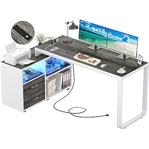 Homieasy L Shaped Desk with File Cabinet & Power Outlet, Reversible 55 Inch Large Corner Computer Desks with LED Strip, L-Shaped Computer Desk with Drawers and Storage Shelves, Grey & White