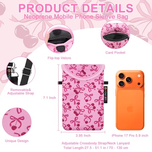 Image of POVESTE Neoprene Cell Phone Sleeve Pouch Case Bag with Crossbody Strap Lanyard for Women, Flap Closure Secure Cell Phone Bag with Pocket for Cards, Cash. (Bow&Cherry)