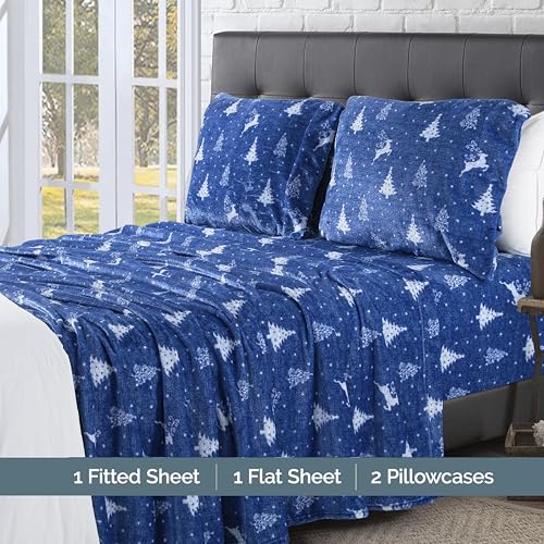Elegant Comfort Luxuriously Soft 4-Piece Holiday Velvet Plush Flannel Sheet Set - Premium Quality - Cozy Warm, Christmas Fuzzy Velvet Flannel Fleece Deep Pocket Sheet Set - King, Arctic Blue Christmas