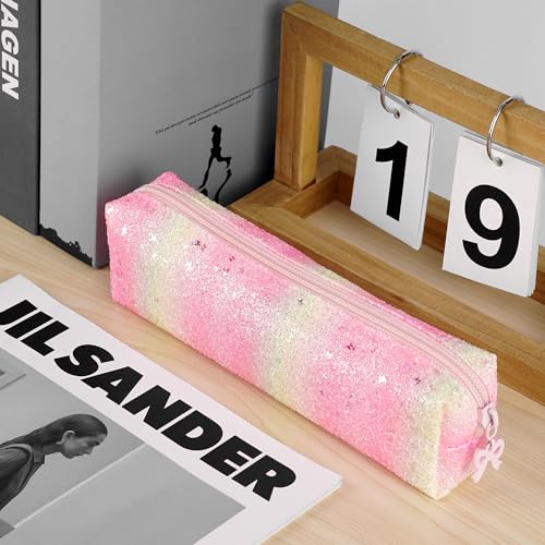 Image of Pencil Pouch Glitter, Pencil Case, Portable Pen Bag with Zipper, Storage Bag, Travel Accessories Bags, Makeup Brush Holder, for Study and Daily Work (1Pcs Pink yellow)