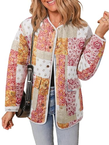 Tankaneo Womens Floral Lightweight Quilted Jacket Oversized Puffer Shacket Collarless Button Down Outerwear