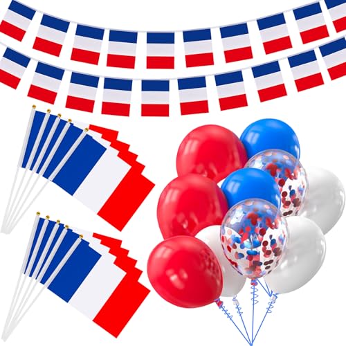 LOMIMOS Set de Drapeau Français,1Pcs 12m Drapeaux France Bannière 10 pièces Drapeaux à Main 40 Ballons pour 14 Juillet Décorations de Fête Nationale...