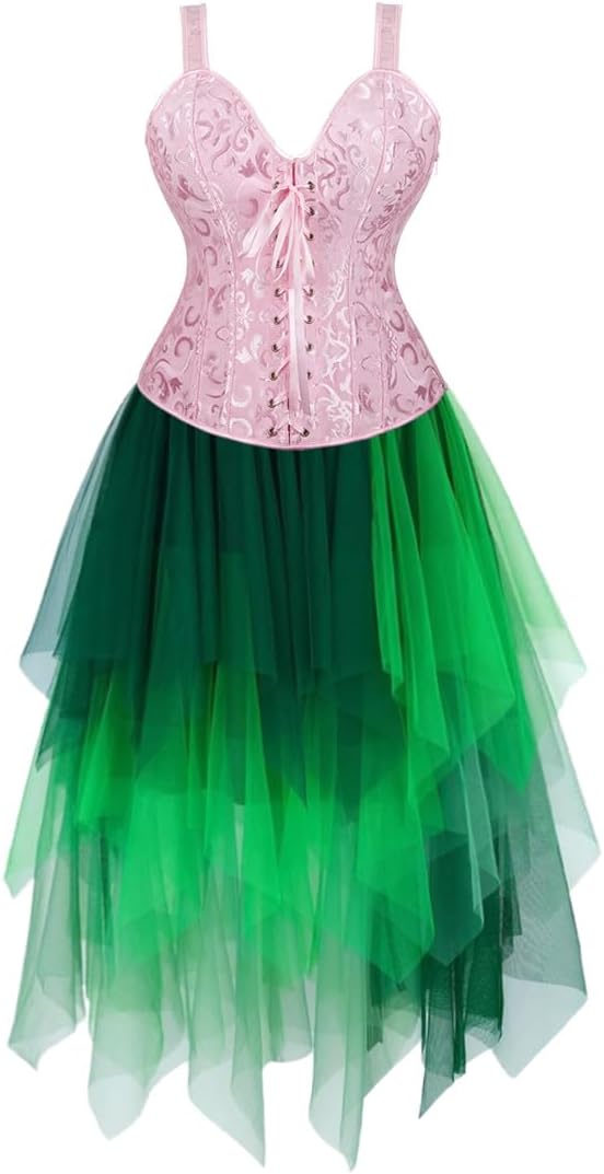 Jutrisujo Black Corset Top with Dress Multi Layer Skirt Tulle Lingerie Bustier Women Shoulder Strap Medieval Bridal Plus Size