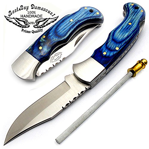 Best.buy.damascus1 Pocket Knife Blue Wood 420C Stainless Steel Folding Knife Edc Hunting Knife Pocket Knife For Men Gifts For Men #TOP1