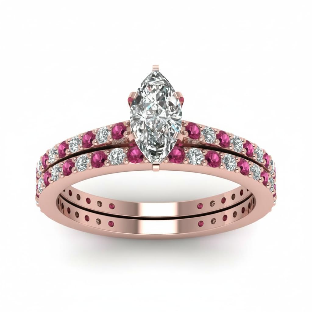 55Carat Choose Your Gemstone Marquise Shape 14k Rose Gold Plated Classic Delicate Diamond CZ Handmade Fashion Jewelry Party Wear Daily Wear Ornament Gifts for Wife Wedding Ring Sets : US Size 4 to 12