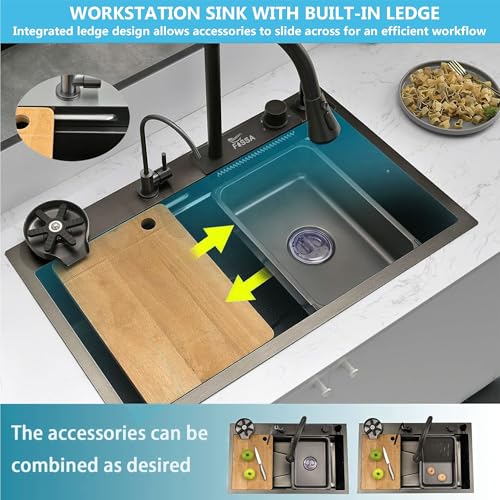 Image of Fossa 24 inchx18 inchx09 inch Single Bowl Waterfall Kitchen Sink Honeycomb Embossed Sink with Black Nano Coating, Stainless Steel, Rectangular Workstation, Faucet With Included All Accessories. (Black)