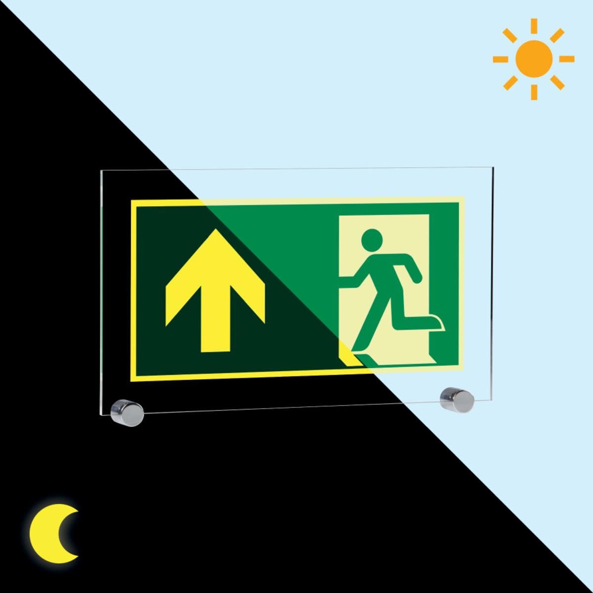 Rettungszeichen Rettungsweg links, doppelseitig, lang nachleuchtend, Alu-Verbund, 1200x600 mm, DIN E002