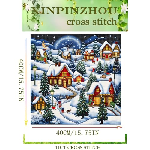 Image of Xinpinzhou Christmas 11ct Stamped Cross Stitch Kits for Adults, 16x16 in | Pre Printed 11 Count Cotton Fabric, Finished Embroidery Pattern is Elegant for Wall Decor, Easy Diy Hobby Craft for Women