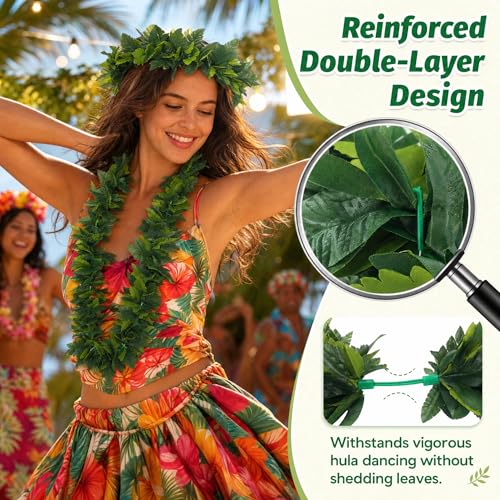 Image of Housoutil Hawaiian Green Leaf Leis Set, Green Hawaiian Party Garland, Tropical Hula Dance Accessories, Artificial Foliage Necklace Headband Wristbands, Summer Beach Jungle Hula Costume for Party