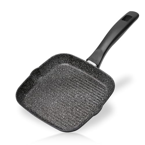 STONELINE Grillpfanne 16 x 16 cm, Aluguss Pfanne antihaftbeschichtet mit echten Steinpartikeln, Schüttkerben, Kleine Pfanne Induktion backofengeeignet, Steak Pfanne Eckig, Schwarz
