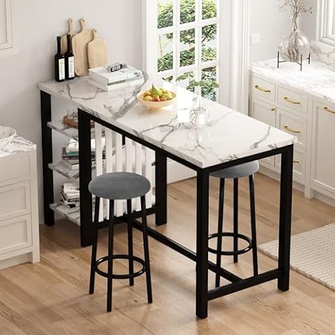 Lamerge Kitchen Furniture Bar Height Table and Chairs for 2 People, 4-Tier Compact Dining Room Table, White Faux Marble Top and 2 Grey Velvet Upholstered Seat, Modern Dining Set for Home/Studio/Office Cover