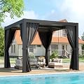 LVUYOYO 10' x 10' Louvered Pergola, Outdoor Pergola with Adjustable Roof, Aluminum Frame Metal Gazebo with Curtains and Netting for Patio, Backyard, Garden, Deck (Black)