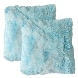 Bustlwor 2 Stück Künstlich Pelz Kuschelkissen, Kunstfell Kissen, Plüschkissen Kissenhülle mit Flauschig, für Sofa, Stuhl, Wohnzimmer (Blau, 45 x 45cm)