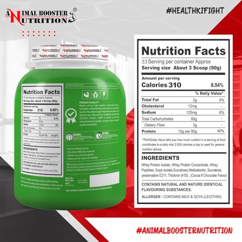 Image of Animal Booster Nutrition Maha Mass Gainer, 25 Grams of Protein in 90gm of Serving Helps in Gain Weight, Build Muscle & Fuel Energy - Chocolate Flavor (33 Servings /3KG)