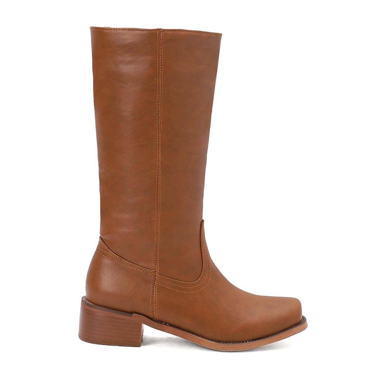 Womens Large Size Vintage Knee High Boots Faux Leather Chunky Block Heel Square Toe Long Boots Comfortable Low