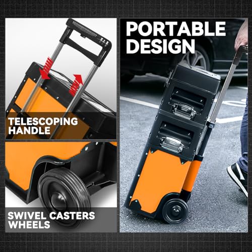 Image of Auto Dynasty Stackable Tool Box 3-Tier Tool Separate Organizer Rolling Tool Chest with Wheels 3-in-1 Upright Trolley for Garage or Workshop, Orange