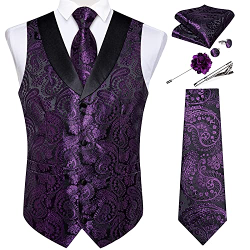 Image of DiBanGu Mens Paisley Suit Vest Silk Jacquard Waistcoat and Necktie Set Formal Shawl Collar Dress Vest 7PCS for Wedding Party