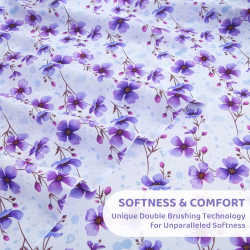 Image of Mooreeke Cozy Floral Microfiber Printed Queen Sheet Set - Soft & Breathable Purple Floral Bed Sheets with Deep Pocket - Non-Slip Fitted Design - Purple Flowers Pattern - Queen