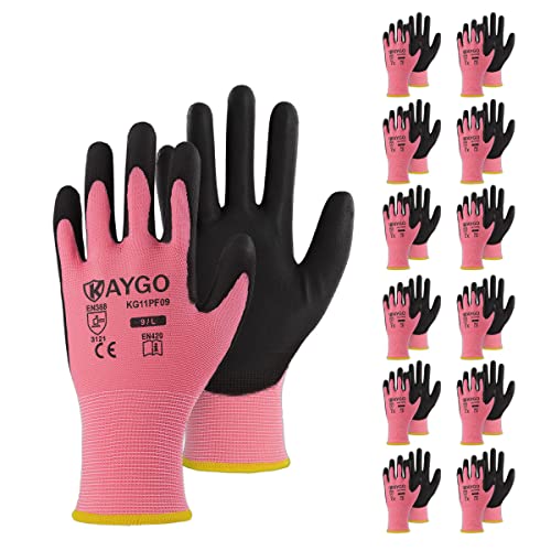 KAYGO Work Gloves for Men and Women,12 Pairs Seamless Knit PU Coated Safety Gloves, with Smooth Grip on Palm and Fingers, Ideal for Light Warehouse, Manufacturing, Gardening, KG11P (XS,Pink)