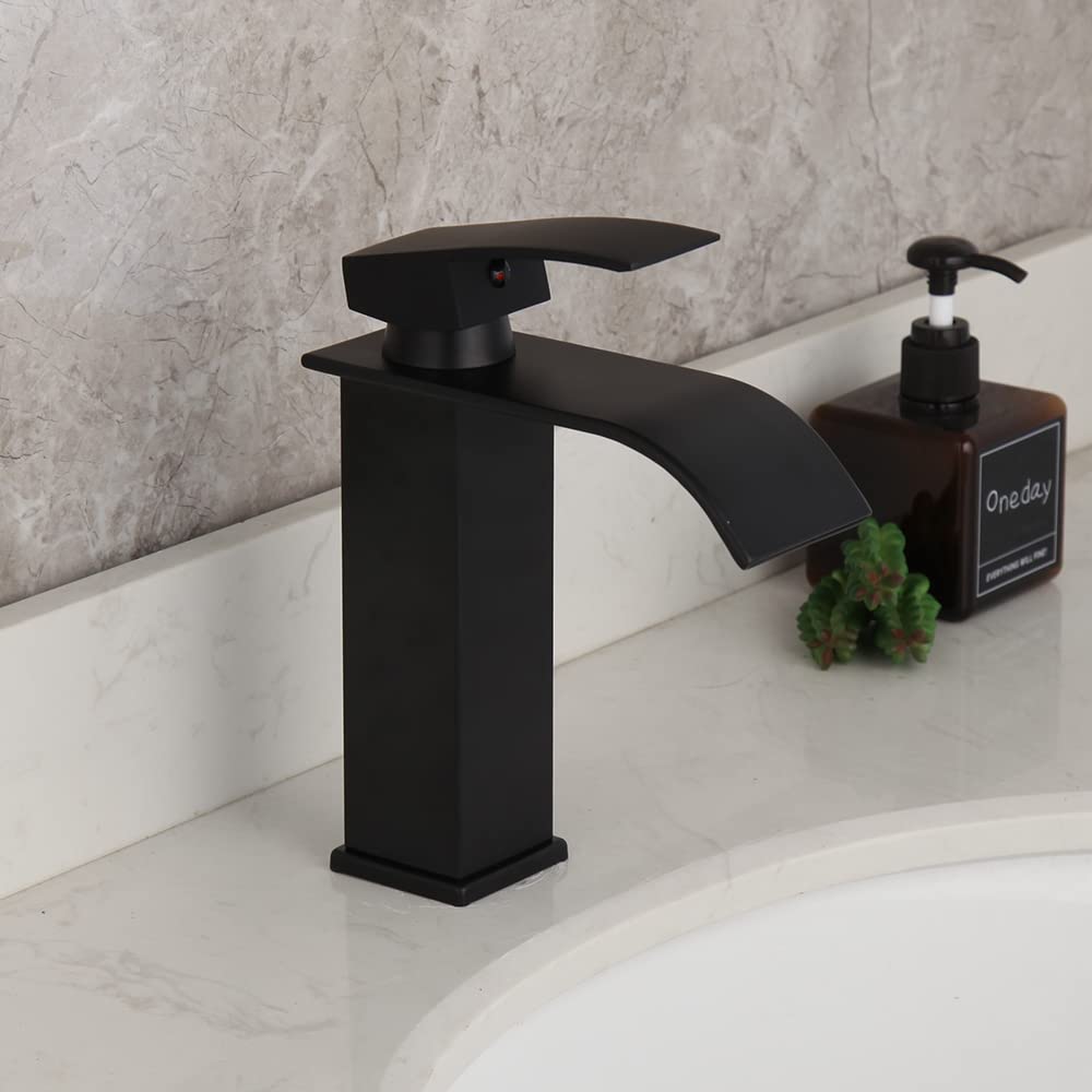 Black Bathroom Waterfall Faucet Vanity Sink Single Handle Single Hole Faucet, Mixer Faucet Simple Design Solid Brass Black Deck Mounted Tap.