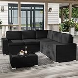 LayinSun Outdoor Patio Furniture Set 6 Pieces Sectional Conversation Sofa Set Black Rattan Sofa Set with Coffee Table