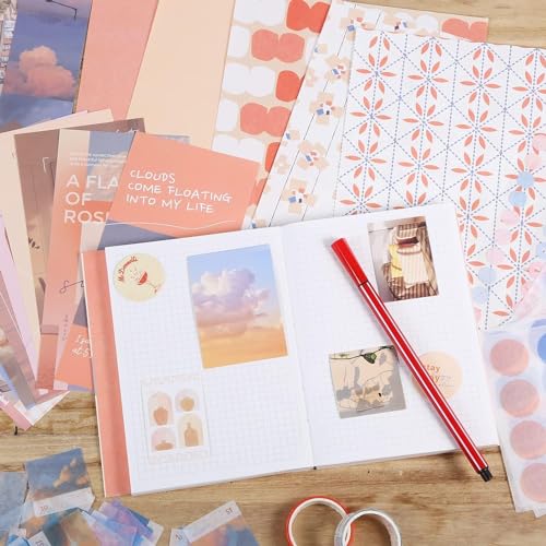 Image of Paper Vintage Aesthetic Scrapbook Kit(346Pcs) Scrapbooking Supplies Kit With Bullet Junk Journal,Stationery,A6 Grid Notebook Journaling Gift For Girl (Sunset Scrapbook), Multicolor