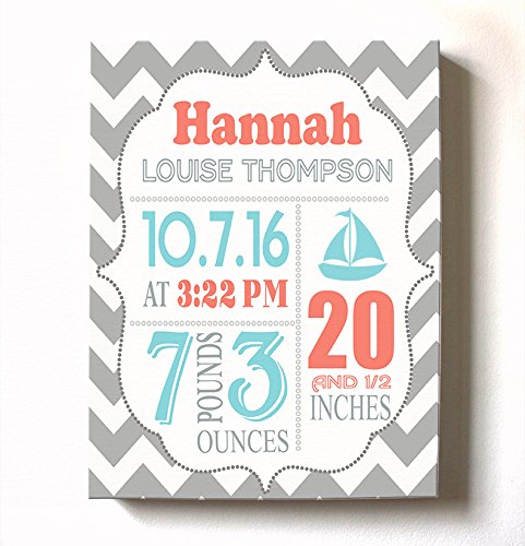Personalized Stretched Canvas Birth Announcement Gift, Custom Baby Name, Date, Weight Stats, Newborn Sailboat Nursery Wall Art Decor, Wooden Frame Construction, Ready to Hang 8X10