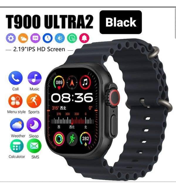 LAXASFIT T900 Ultra2 Smartwatch display showing various app icons for calls, music, sports, weather, sleep, and calculator