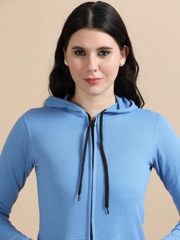 Image of Wafaa Women's Cotton Plain Hooded Neck Full Zipper Sweatshirt Hoodies with Kangaroo Pocket