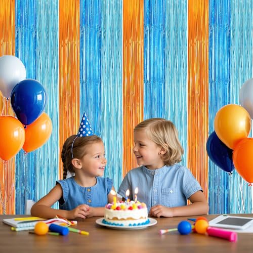 Image of Blue Dog Man Birthday Party Decorations,2 Packs Orange&Blue&Light Blue Foil Fringe Curtains Birthday Party Suppiles, Photo Booth Props for Blue Dog Backdrop Streamers Party Decorations