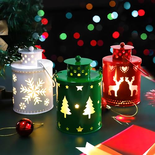 YBB 3 Pack Christmas Decorative Lantern Lights Flameless Battery Operated Hanging Metal LED Candles Lanterns for Christmas Centerpiece Table Indoor Outdoor Party Decoration