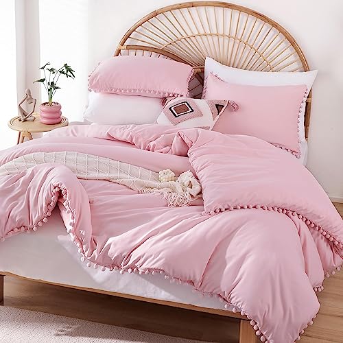 YIRDDEO Dust Pink Full Size Ball Pom Fringe Design Comforter Set 3pcs, Boho Aesthetic Luxurious Microfiber Comforter Set