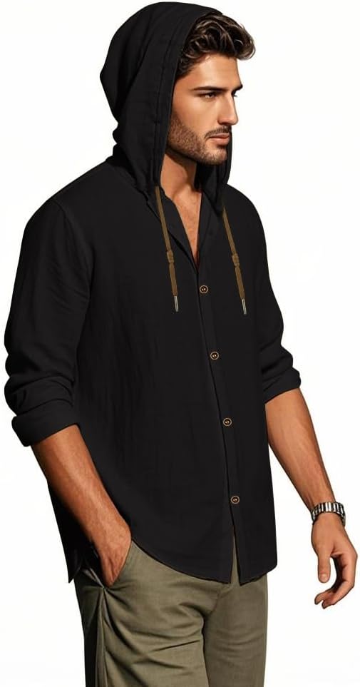 Men Cotton Linen Long Sleeve Button Down Shirt Summer Casual Hawaiian Beach Tops Lightweight Fashion Hoodies - Image 4
